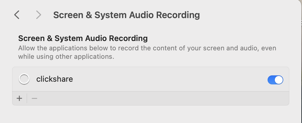 Screen and System Audio Recording window with clickshare slider toggled to "on"